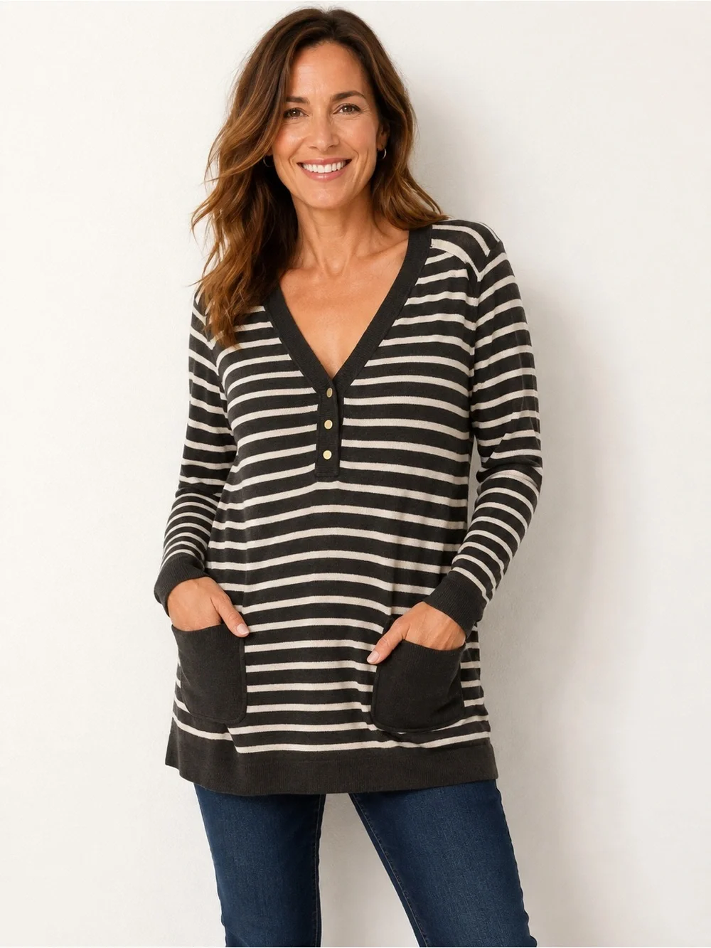 Tory Burch Striped V-Neck Pocket Tunic Sweater XL
